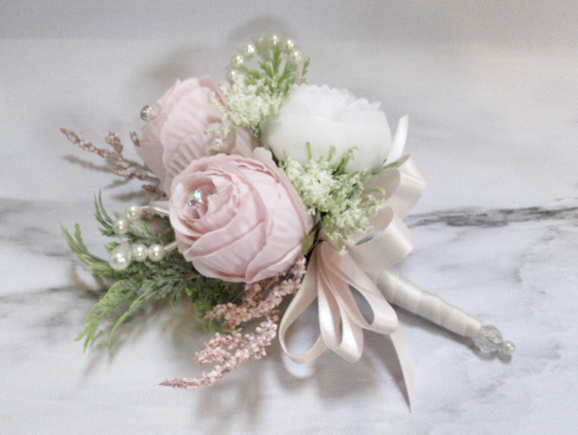 Pink & White Rose & Mini Peony Corsage with Pearl Loops, mother of the bride corsage, budget wedding flowers